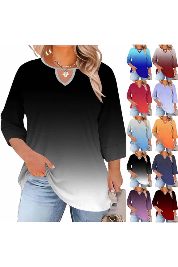 Women's Summer Plus Size Blouse,Summer Gradient Color Tops,Casual Crewneck Chest Cutout Random Print Basical Layering T-shirts