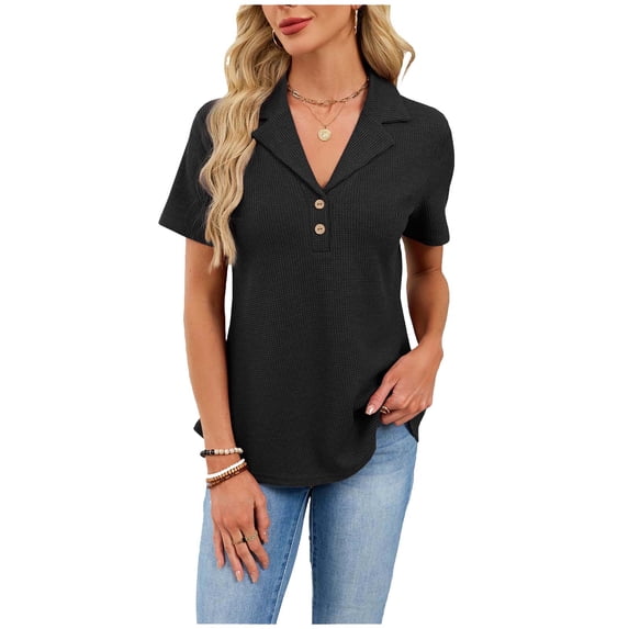Bixock Women's Summer V-Neck T-Shirts,Casual Short Sleeve Tops,Button Collared Pullover Fashion Shirt Soft Comfortable Daily Leisure Tops