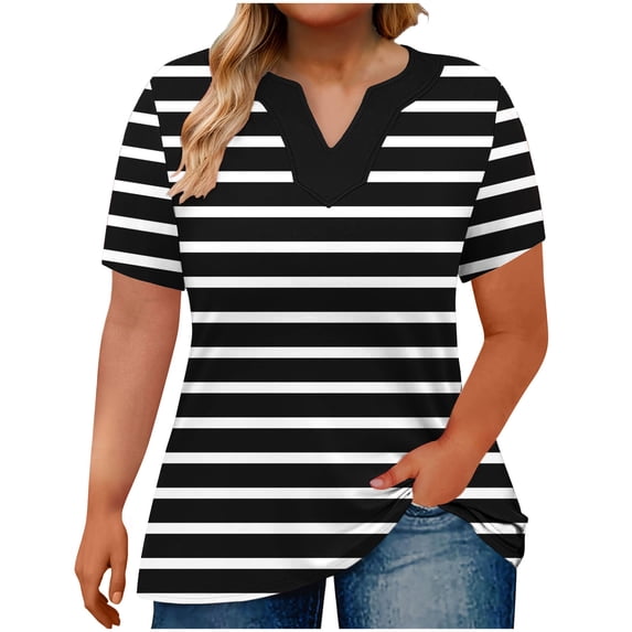Bixock Women's Summer V-Neck T-Shirts,Casual Stripe Short Sleeve Tops,Plus Size Striped Soft Breathable Lightweight Daily Office Leisure Comfortable Tops