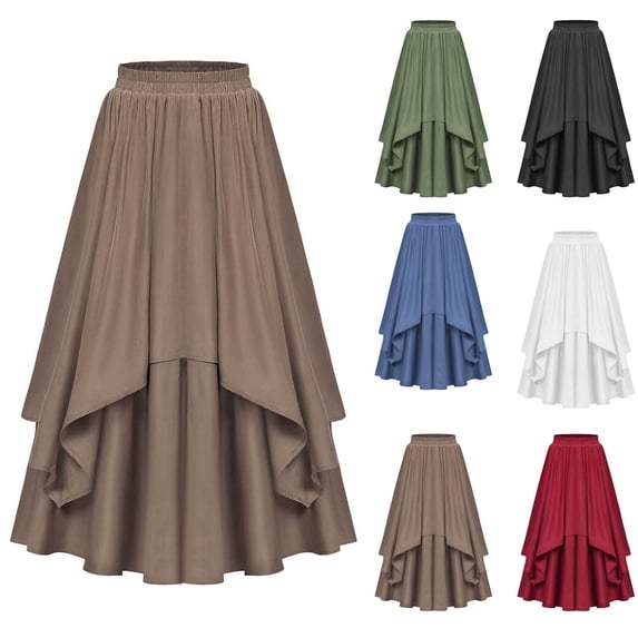 Bixock Women's Tiered Midi Skirt,Casual Pleated Skirt,Solid Color Vintage Style Loose Fitted Leisure Wear