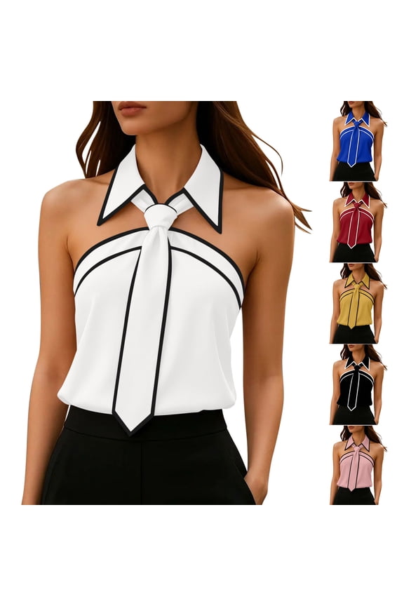 Women's Turn Neck Casual Tops,Fashion Sleeveless Blouse,Solid Color Contrast Lapel Sleeveless Top Cold Shoulder Bow Shirt Tops