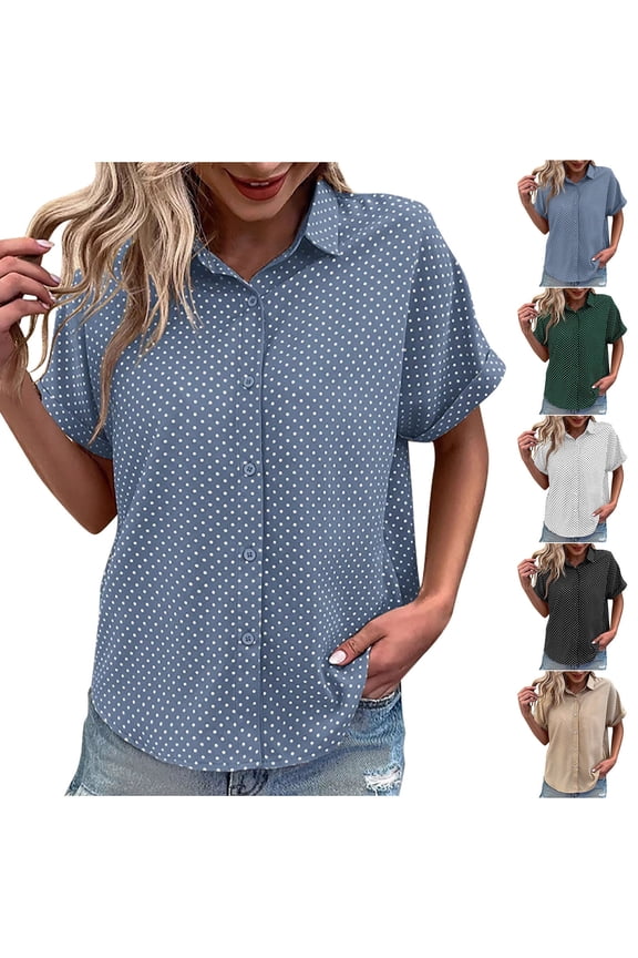 Women's Turndown Collar Shirts,Soild Color Short Sleeve Tops,Fashion Collared Button Placket Shirt Soft Comfortable Office Daily Work Leisure Wear Tops