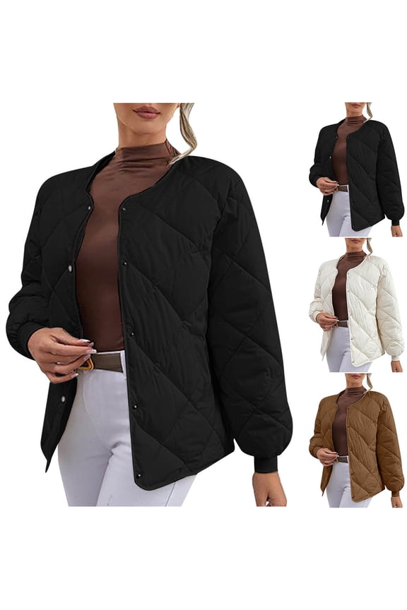 Women's Winter Quilted Jackets Long Sleeve Button Down Diamond Puffer Jacket Outerwear Coats with Pockets