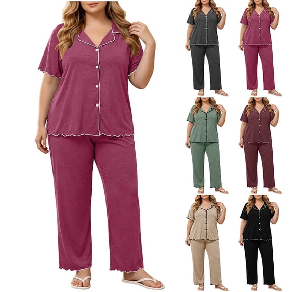 Bixock Womens Plus Size Pajamas Set 2 Piece Loungewear Set Short Sleeve Long Pants Pjs Set Solid Color Comfortable Soft Homewear Sleepwear Women Clothings