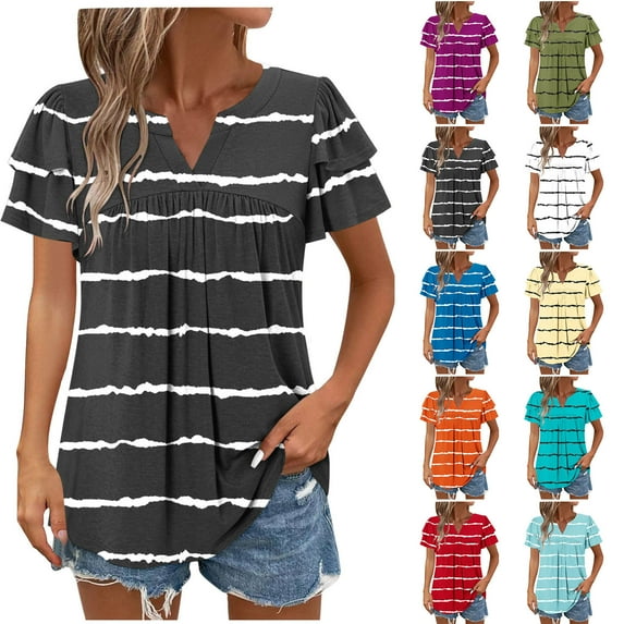 Bixock Womens Short Sleeve Tops,Summer Tops for Women,Blouse for Women Solid Color V Neck Eyelet Embroidery Loose Casual Lightweight Breathable Tops
