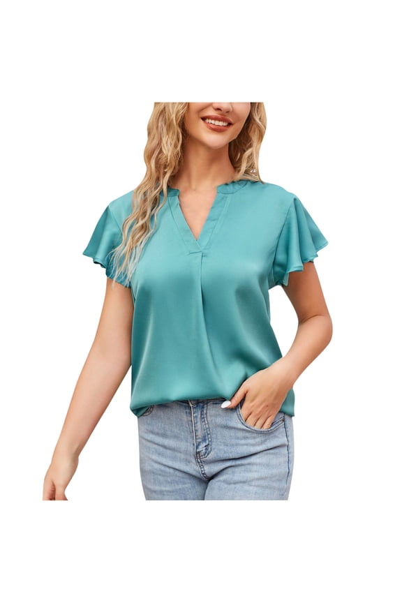 Womens Short Sleeve Tops,Workout Shirts for Women,Blouse for Women Solid Color V Neck 3/4 Sleeve Ruffle Sleeve Loose Casual Lightweight Breathable Tops