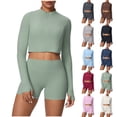 thumbnail image 1 of Bixock Workout Set for Women 2 Piece Set Long Sleeve Top and Shorts Solid Color Yoga Loungewear Set, 1 of 5