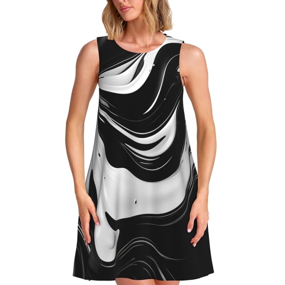 Bixox Abstract Black White Swirls Print Women's Sleeveless A-Line Dress with Pockets, Casual Knee-Length Tank Dress for Summer-3X-Large