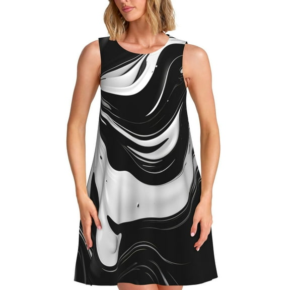 Bixox Abstract Black White Swirls Print Women's Sleeveless A-Line Dress with Pockets, Casual Knee-Length Tank Dress for Summer-Small