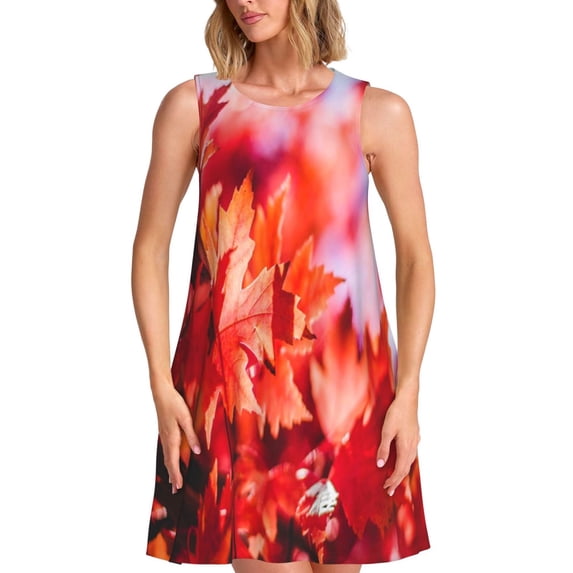 Bixox Autumn Maple Leaves Print Women's Sleeveless A-Line Dress with Pockets, Casual Knee-Length Tank Dress for Summer-Medium