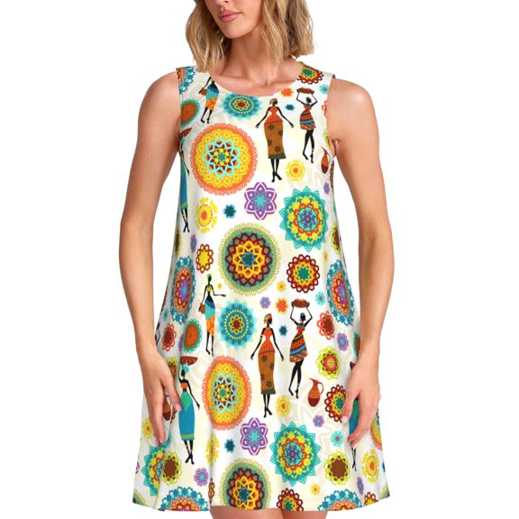 Bixox Beautiful African Womens Print Women's Sleeveless A-Line Dress with Pockets, Casual Knee-Length Tank Dress for Summer-Small