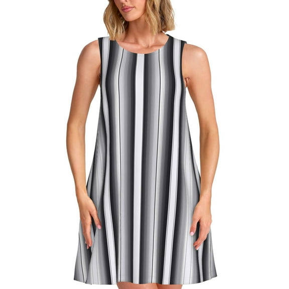 Bixox Black White Gray Mexican Blanket Serape Stripes Print Women's Sleeveless A-Line Dress with Pockets, Casual Knee-Length Tank Dress for Summer-3X-Large