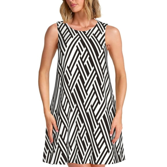 Bixox Black White Stripes Print Women's Sleeveless A-Line Dress with Pockets, Casual Knee-Length Tank Dress for Summer-X-Large