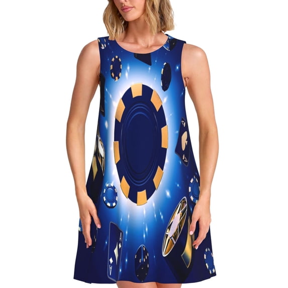Bixox Blue Casino Print Women's Sleeveless A-Line Dress with Pockets, Casual Knee-Length Tank Dress for Summer-Medium
