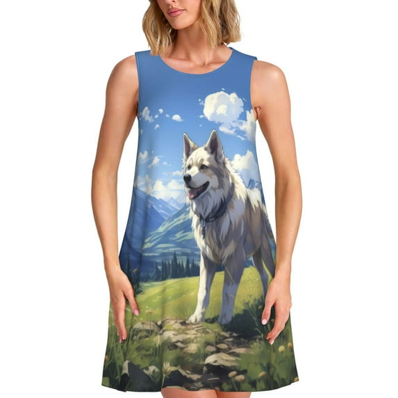 Bixox Blue Sky Dog Print Women's Sleeveless A-Line Dress with Pockets, Casual Knee-Length Tank Dress for Summer-Large