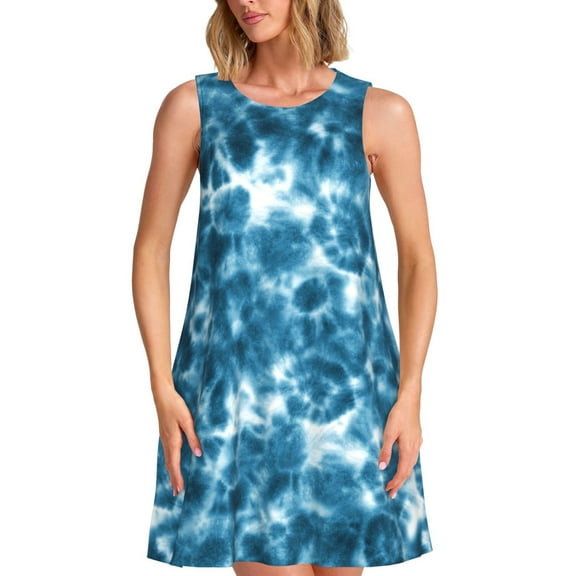 Bixox Blue Tie Dye Print Women's Sleeveless A-Line Dress with Pockets, Casual Knee-Length Tank Dress for Summer-XX-Large