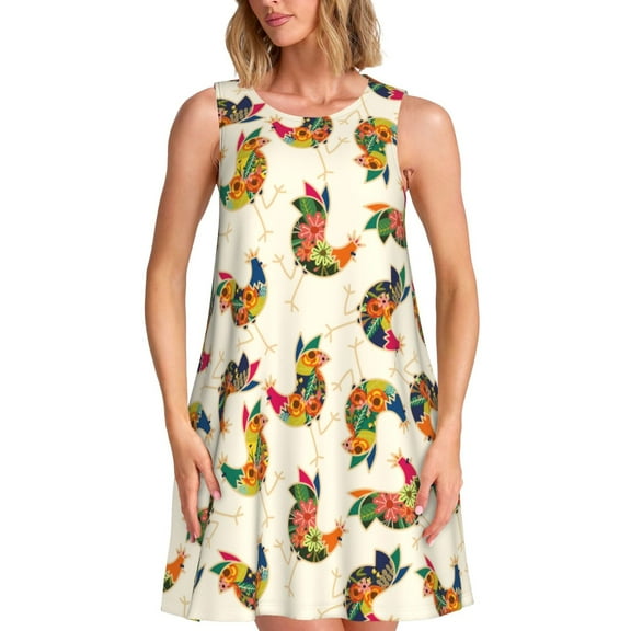 Bixox Boho Chicken Print Women's Sleeveless A-Line Dress with Pockets, Casual Knee-Length Tank Dress for Summer-XX-Large