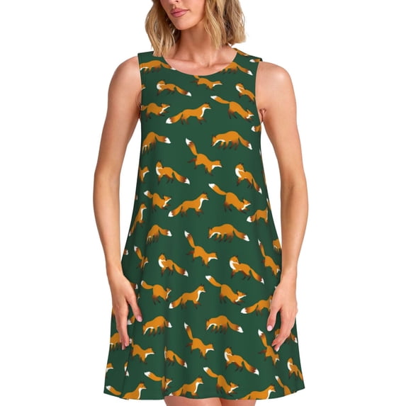 Bixox Cartoon Fox 1 Print Women's Sleeveless A-Line Dress with Pockets, Casual Knee-Length Tank Dress for Summer-Small