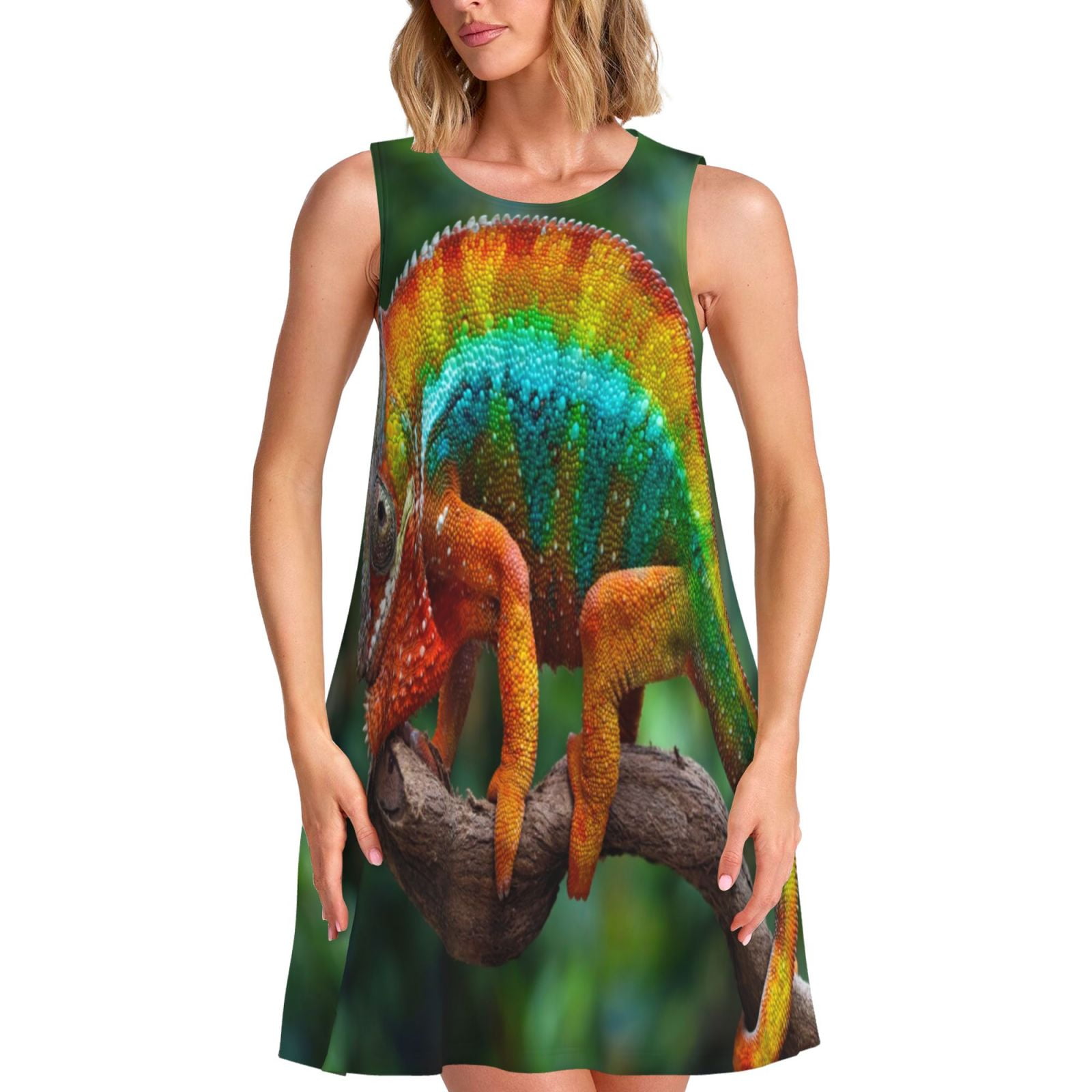 Bixox Chameleon Print Women's Sleeveless A-Line Dress with Pockets ...