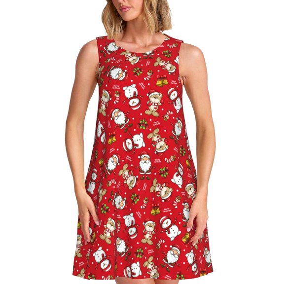 Bixox Christmas Santa Cartoon Snowman A Print Women's Sleeveless A-Line Dress with Pockets, Casual Knee-Length Tank Dress for Summer-XX-Large