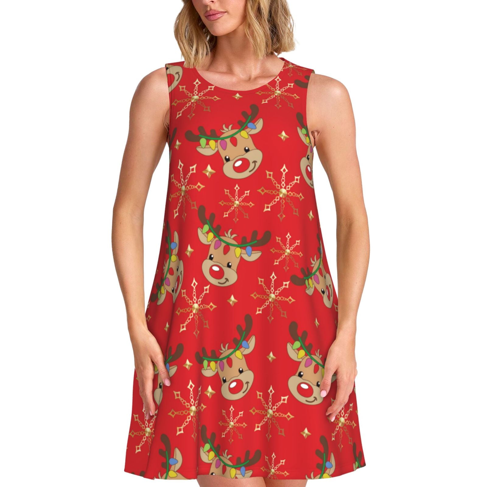 Bixox Christmas With Cute Deer Print Women's Sleeveless A-Line Dress ...