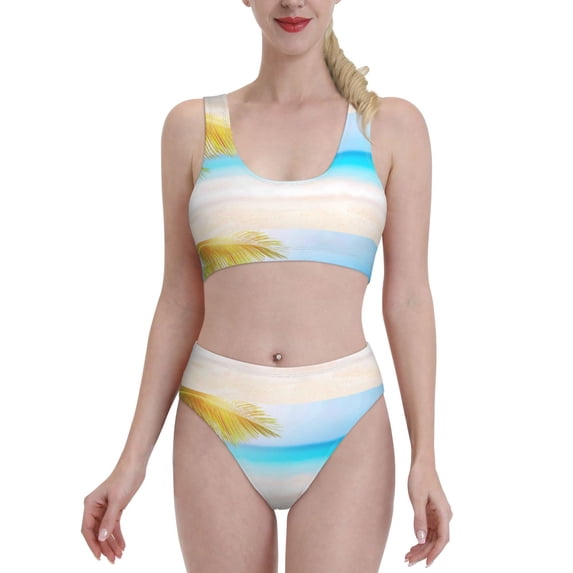 Bixox Coconut Palm Tree on Beach Pattern Two-Piece Sports Bikini with U-Shaped Top and High-Waist Bottom - Women's Swimwear with Removable Bra Pads