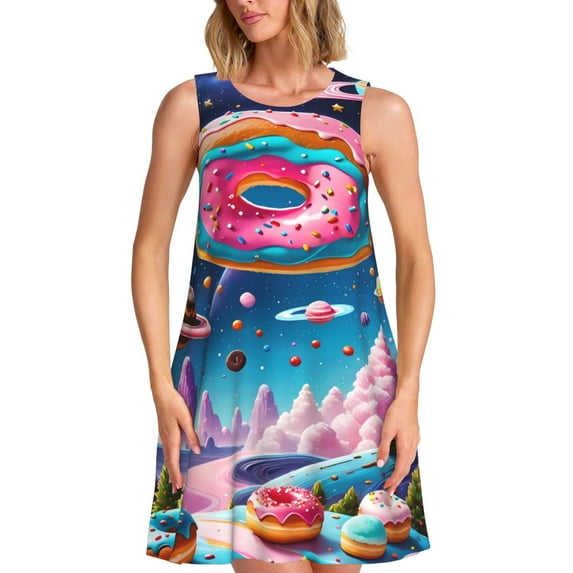 Bixox Colorful Donut Print Women's Sleeveless A-Line Dress with Pockets, Casual Knee-Length Tank Dress for Summer-XX-Large