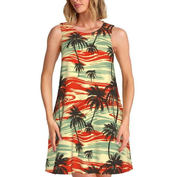 Bixox Colorful Hawaii Palms Print Women's Sleeveless A-Line Dress with Pockets, Casual Knee-Length Tank Dress for Summer-3X-Large