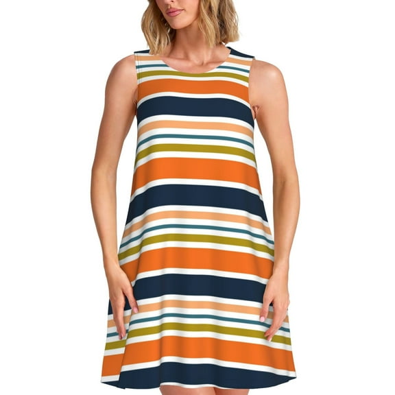 Bixox Colorful Pastel Stripes Print Women's Sleeveless A-Line Dress with Pockets, Casual Knee-Length Tank Dress for Summer-X-Large