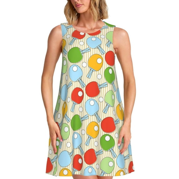 Bixox Colorful Ping Pong Rackets1 Print Women's Sleeveless A-Line Dress with Pockets, Casual Knee-Length Tank Dress for Summer-Small