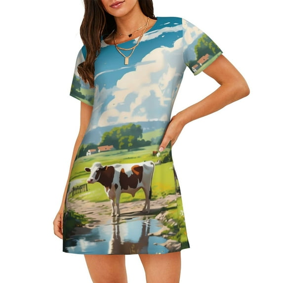Bixox Countryside Farm Cow Pattern Women's Nightgown, Soft & Breathable Sleepwear, Round Neck Knee-Length Pajama Dress,Loungewear for Home & Sleep