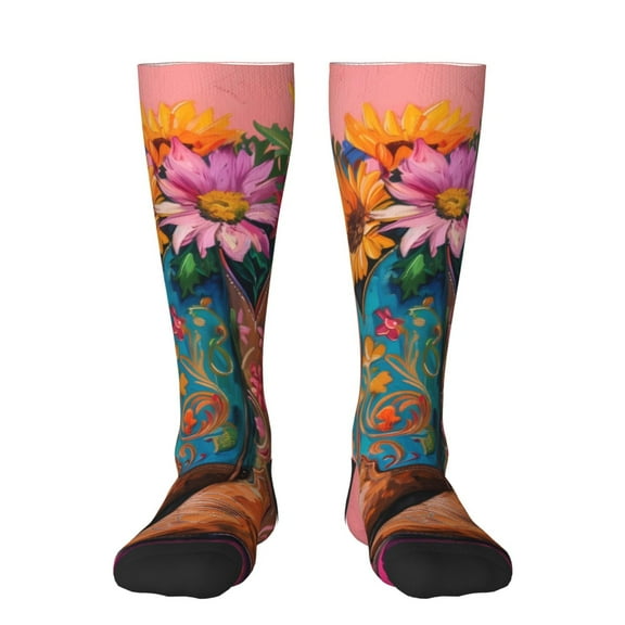 Bixox Cowboy Boots With Flowers Patterned Men's and Women's Knee Socks High Socks Outdoor Sports Socks