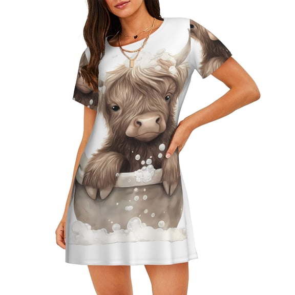Bixox Cute Cow Bath Pattern Women's Nightgown, Soft & Breathable Sleepwear, Round Neck Knee-Length Pajama Dress,Loungewear for Home & Sleep