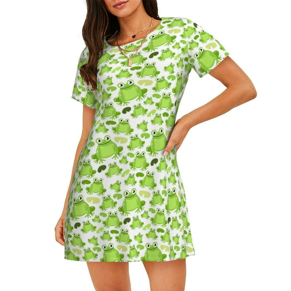 Bixox Cute Frogs Pattern Women's Nightgown, Soft & Breathable Sleepwear, Round Neck Knee-Length Pajama Dress,Loungewear for Home & Sleep