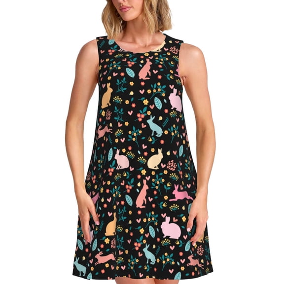 Bixox Cute Rabbit And Flower Print Women's Sleeveless A-Line Dress with Pockets, Casual Knee-Length Tank Dress for Summer-Small