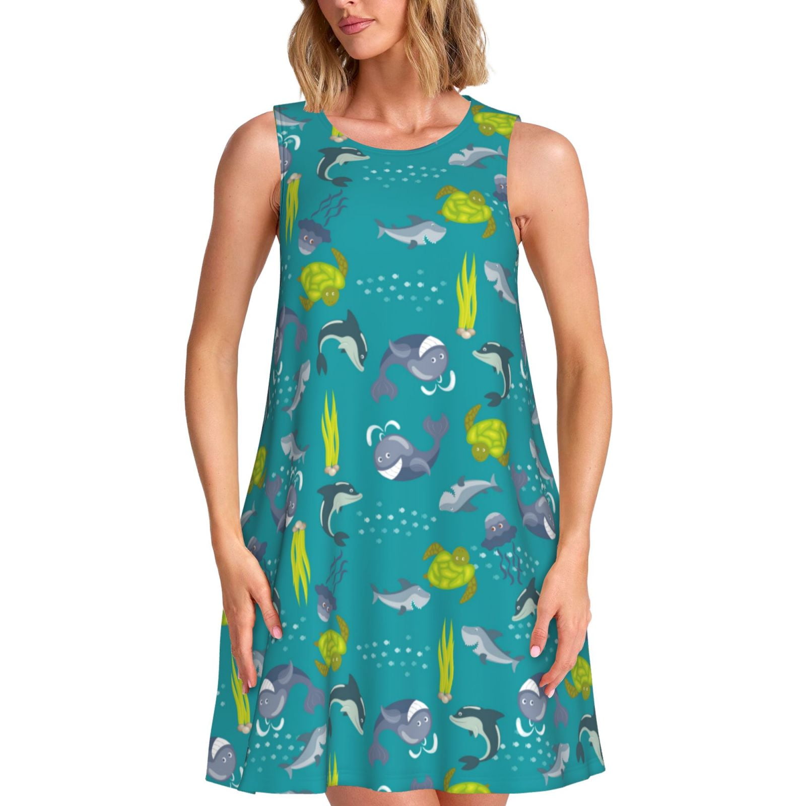 Blue Hawaiian Shark Sea Turtle Pattern Print Dress
