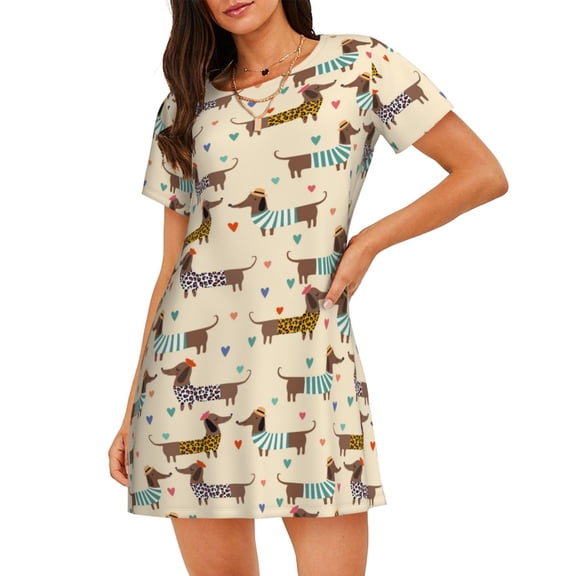 Bixox Dachshund Dog Pattern Women's Nightgown, Soft & Breathable Sleepwear, Round Neck Knee-Length Pajama Dress,Loungewear for Home & Sleep