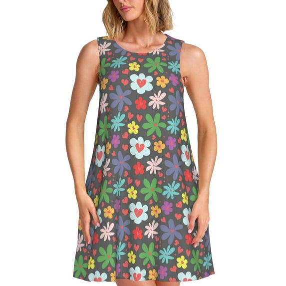 Bixox Daisies Flowers Print Women's Sleeveless A-Line Dress with Pockets, Casual Knee-Length Tank Dress for Summer-Small