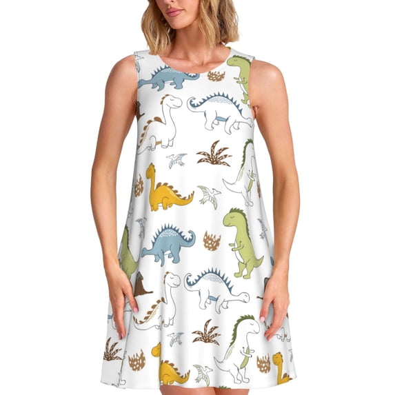 Bixox Dinosaur Print Women's Sleeveless A-Line Dress with Pockets, Casual Knee-Length Tank Dress for Summer-Medium
