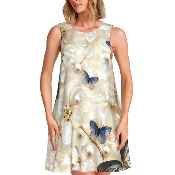 Bixox Elegant Butterflies And Pearls Print Women's Sleeveless A-Line Dress with Pockets, Casual Knee-Length Tank Dress for Summer-Medium