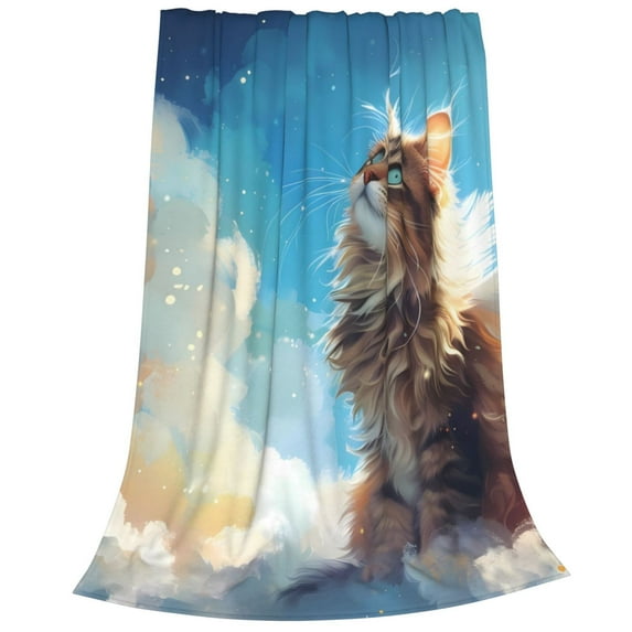 Bixox Fleece Blanket Blue Sky Winged Cat Pattern Super Soft Double-Sided Microfiber Flannel Blanket for Sofa, Bed, Couch,Suitable for All Seasons -