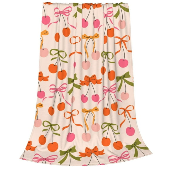 Bixox Fleece Blanket Cherries And Bows Pattern Super Soft Double-Sided Microfiber Flannel Blanket for Sofa, Bed, Couch,Suitable for All Seasons -