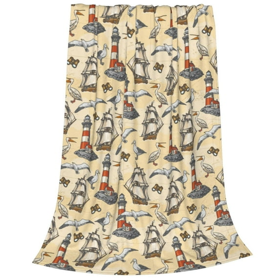 Bixox Fleece Blanket Marine Birds And Coastal Lighthouse Pattern Super Soft Double-Sided Microfiber Flannel Blanket for Sofa, Bed, Couch,Suitable for All Seasons - 80"x60"