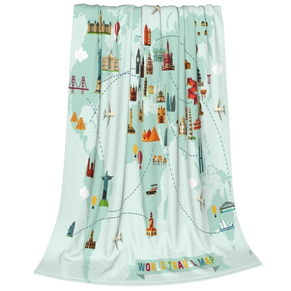 Bixox Fleece Blanket World Travel Map Pattern Super Soft Double-Sided Microfiber Flannel Blanket for Sofa, Bed, Couch,Suitable for All Seasons -