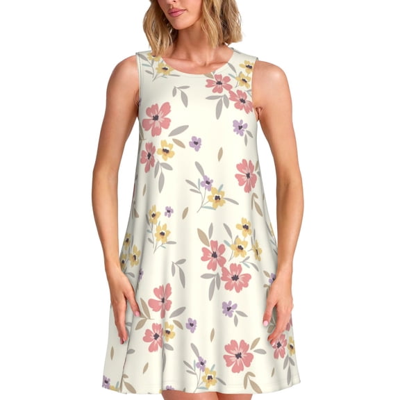 Bixox Floral Print Women's Sleeveless A-Line Dress with Pockets, Casual Knee-Length Tank Dress for Summer-Medium