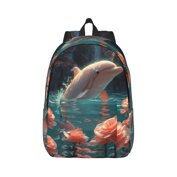 Bixox Flower White Dolphin Printing Canvas Backpack Lightweight Casual Travel Backpack School Backpack Fits 15.6 Inch Notebook