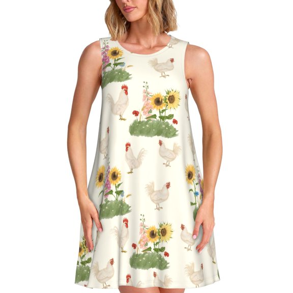 Bixox Flowers And Hens Print Women's Sleeveless A-Line Dress with Pockets, Casual Knee-Length Tank Dress for Summer-Small