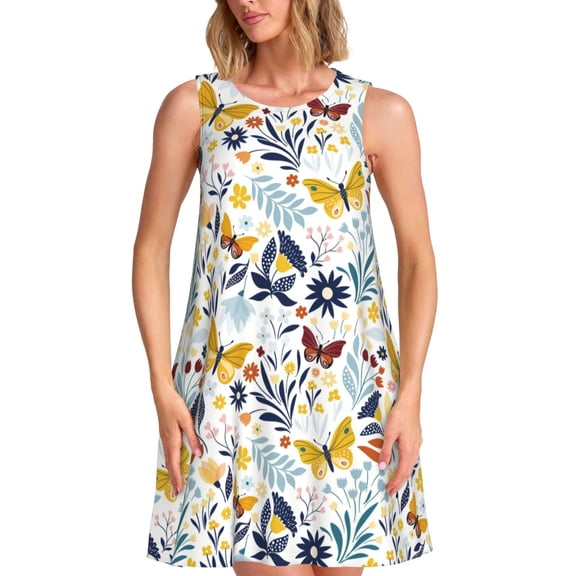 Bixox Flowers Butterfly Print Women's Sleeveless A-Line Dress with Pockets, Casual Knee-Length Tank Dress for Summer-X-Large