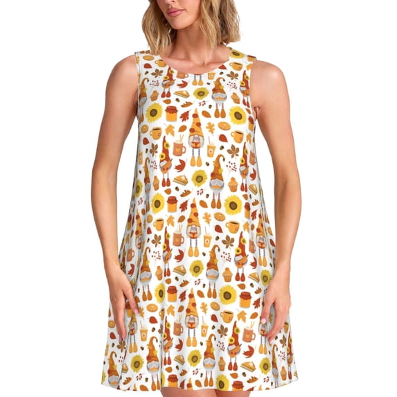 Bixox Gnomes Autumn Harvest Print Women's Sleeveless A-Line Dress with Pockets, Casual Knee-Length Tank Dress for Summer-Large