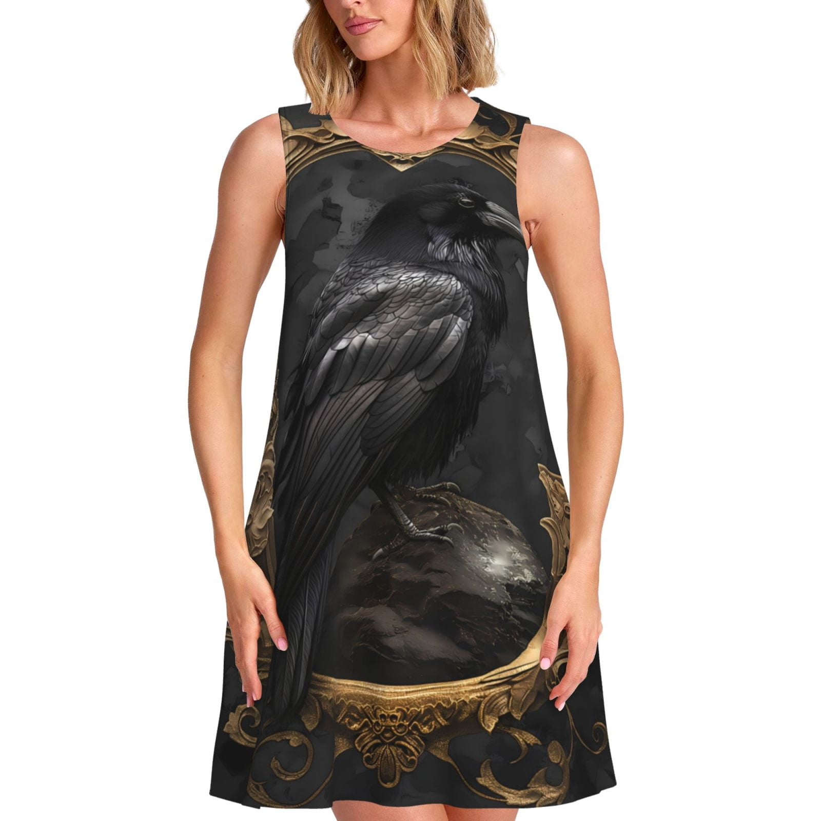Retro Viking Raven Boho Art Printed V-Neck Sleeveless Cotton Maxi Dress
